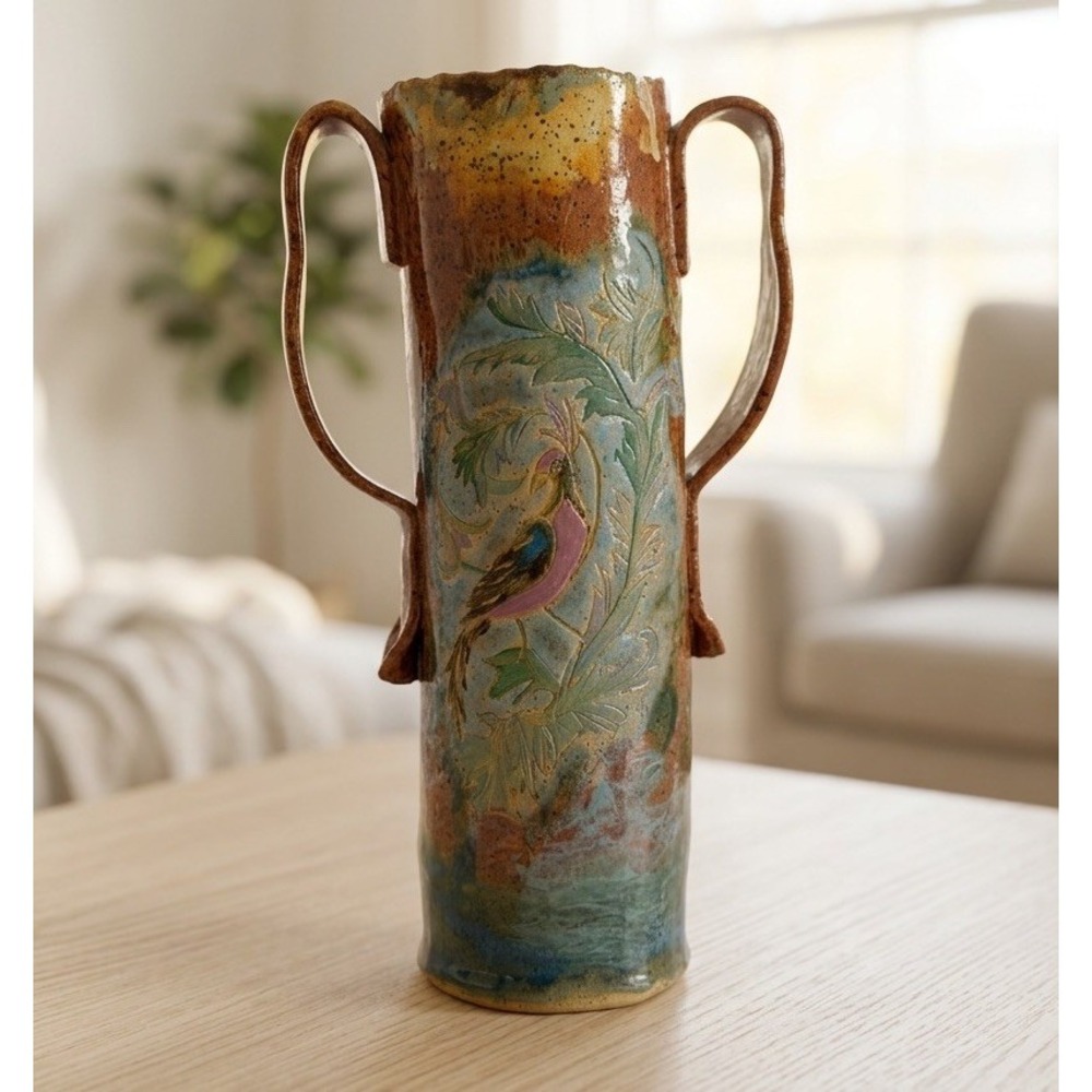 Vtg Studio Art Pottery Vase Hand Painted Bird Foliage Twin Handle Signed 2001